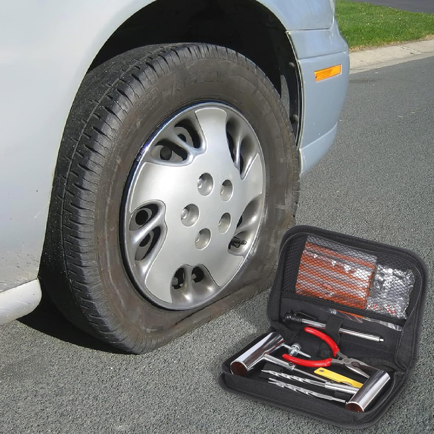 Tire Repair Kit, 46 Pcs Heavy Duty Tire Plug Kit to Fix Punctures, Car Emergency Tool, Universal Plug Flats Patch Kit, Tyres and Connectors Patch Kit for Motorcycle, Truck/Tractor/Trailer/Rv/Suv/Atv image number 1