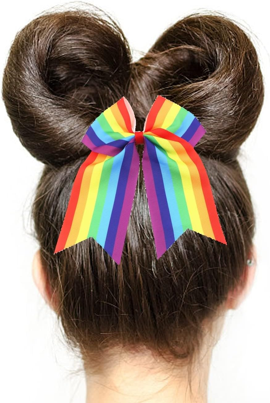 2 Pack Jumbo Rainbow Cheer Hair Bows - 8 Inch Ponytail Holders with Elastic Bands, Cheerleading Hair Accessories for Gay Pride Day image number 5