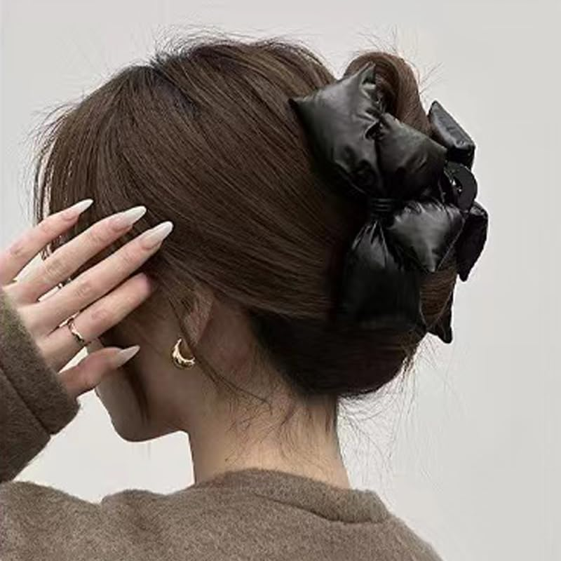 Black Leather Bow Hair Claw Clips, Large 3D Bow Hair Claw Nonslip Metal Hair Clips for Thick & Thin Hair & Curly Hair Fashion Hair Accessories image number 5