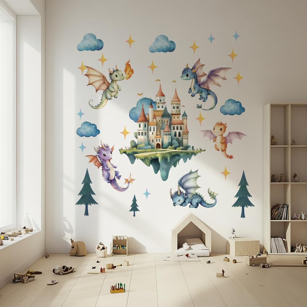 SUPERDANT Flying Dragon Wall Stickers Cartoon Castle Wall Decor Nursery Stickers Dragon DIY Vinyl Murals Peel and Stick Wallpaper Art Decals for Kids Room Playroom Livingroom Baby Room Decor image number 4