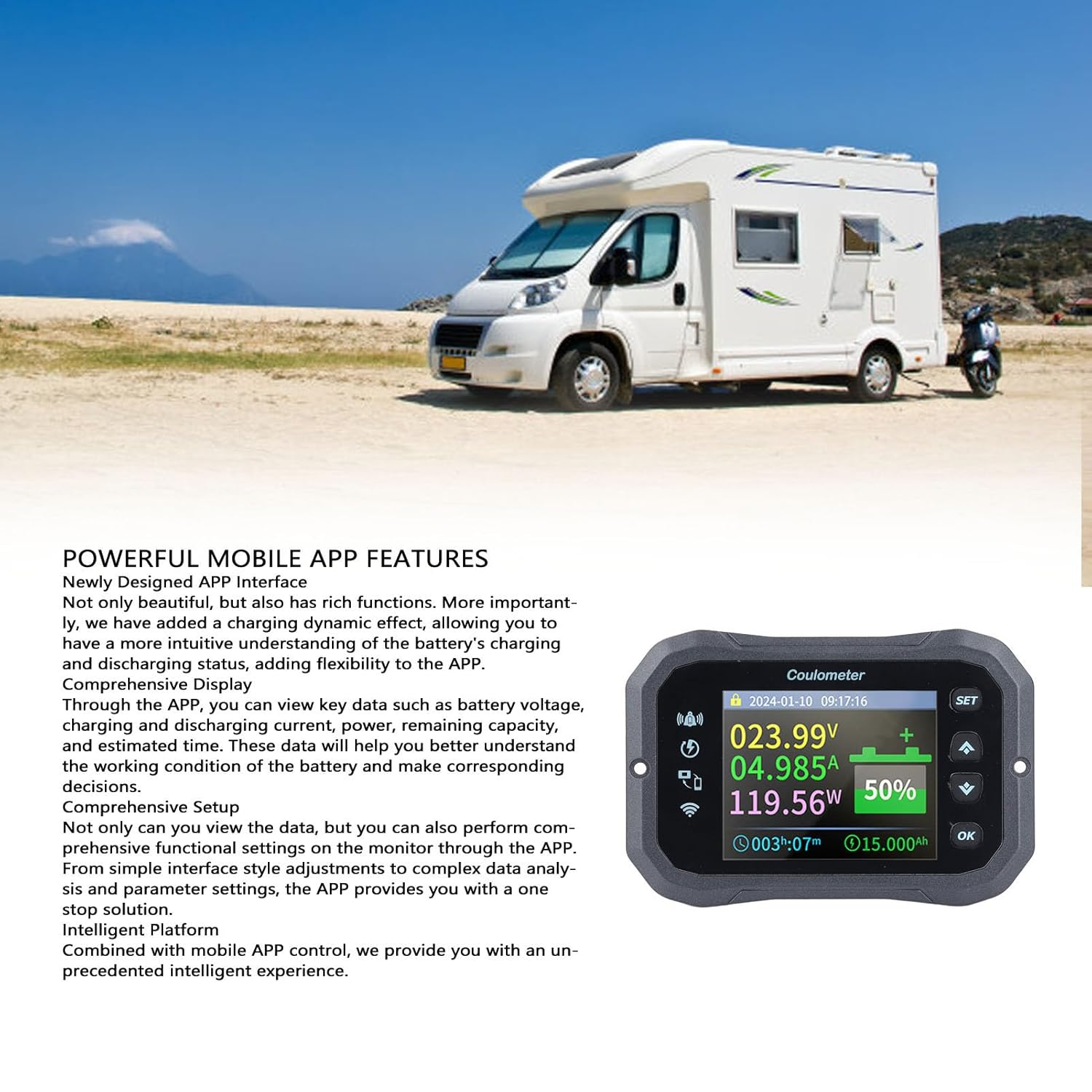 Wifi Battery Monitor with Shunt, 10-100V 0-50A Bidirectional Detection Remote Monitoring Battery Monitor with 2.4 Inch Color LCD Screen image number 5