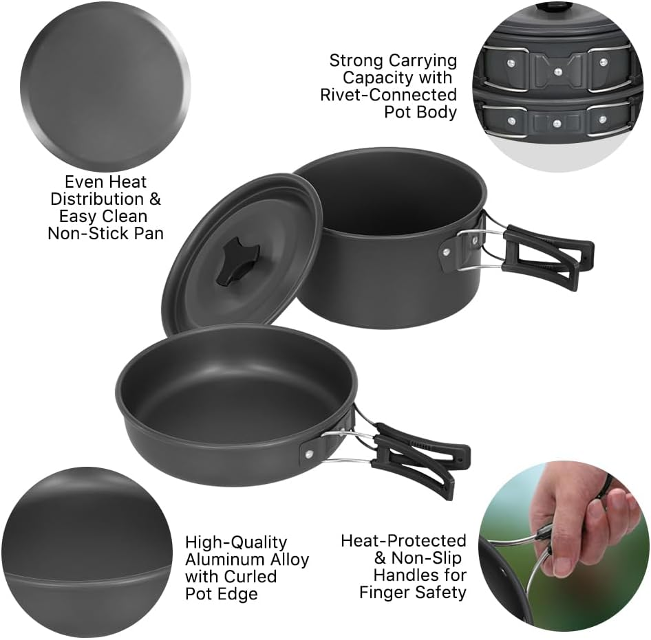 Aomiun Camping Cookware Kit, Non-Stick Pot Pan Kettle Set with Stainless Steel Cups Forks Knives Spoons for Picnic Hiking 1-2 People image number 2