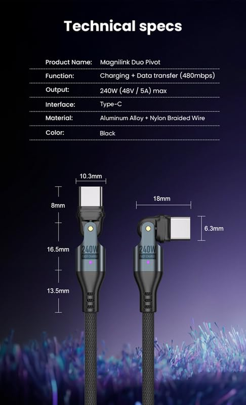 Magnilink Duo Pivot USBC to USB C Cable 2-Pack Dual Rotating 180 Degree Type C Charging Cord 240W PD Fast Charging - Great for Macbook, Ipad, Iphone, Galaxy, Steamdeck, and More image number 5