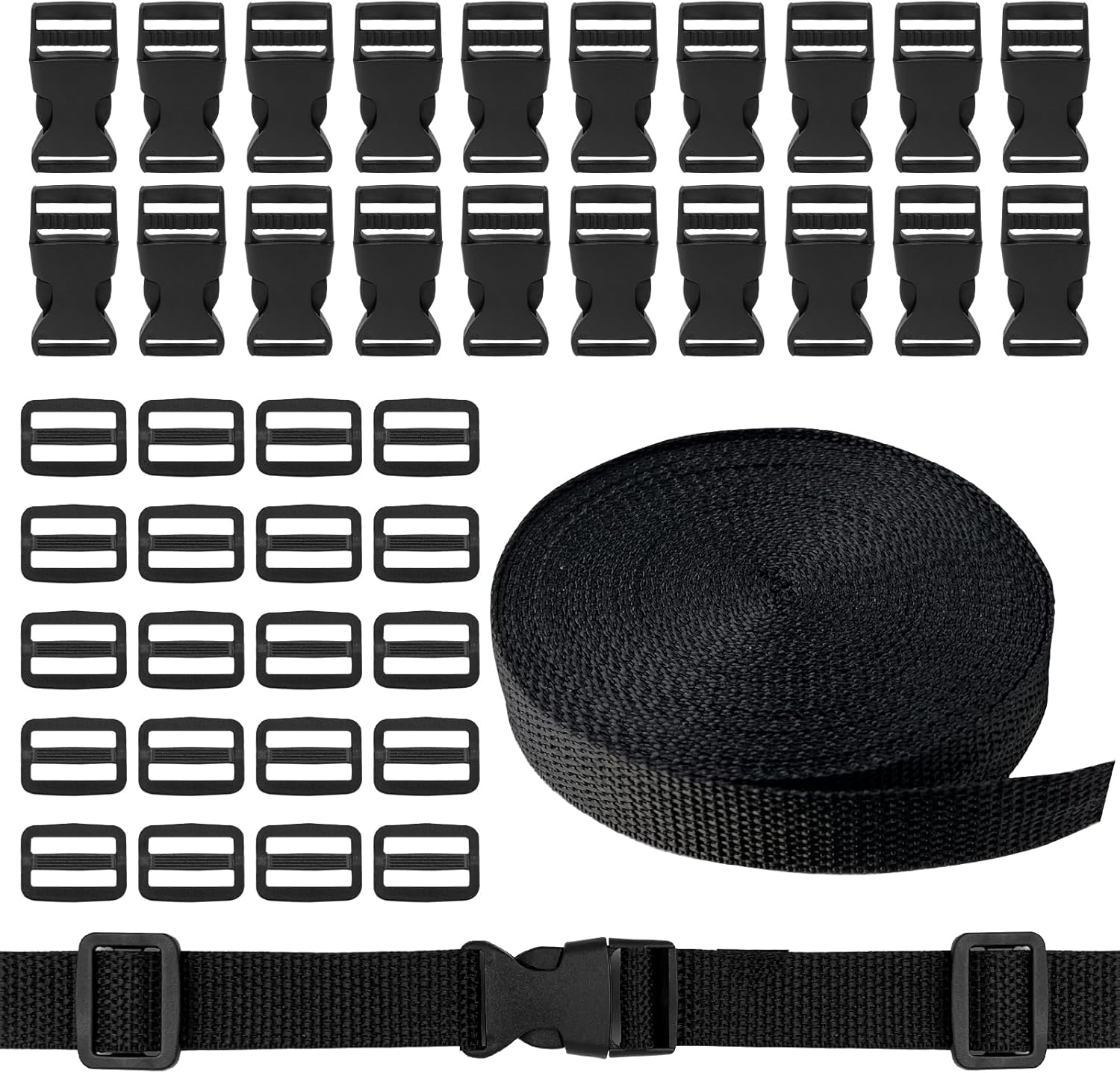 10M Nylon Webbing Strap with 20 Pairs of Buckles, 20Mm Black Nylon Strap with Quick Release for Backpack Luggage Strap Dog Collar