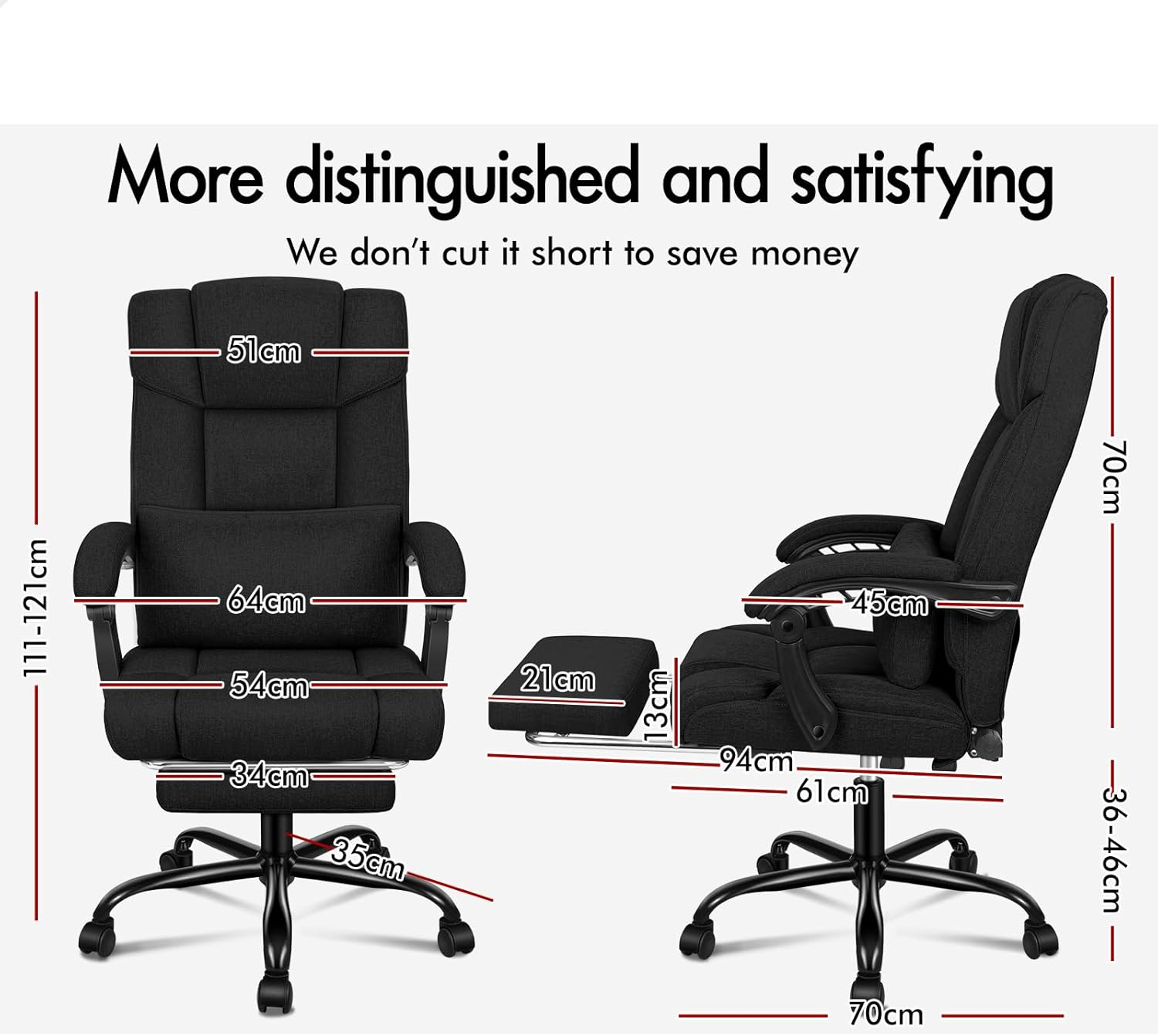 ALFORDSON Ergonomic Executive Office Chair with Footrest, High Back Desk Computer Chair Recliner for Home Office Study Student, Linen Fabric Video Gaming Chair, Boss Fabric Black image number 4