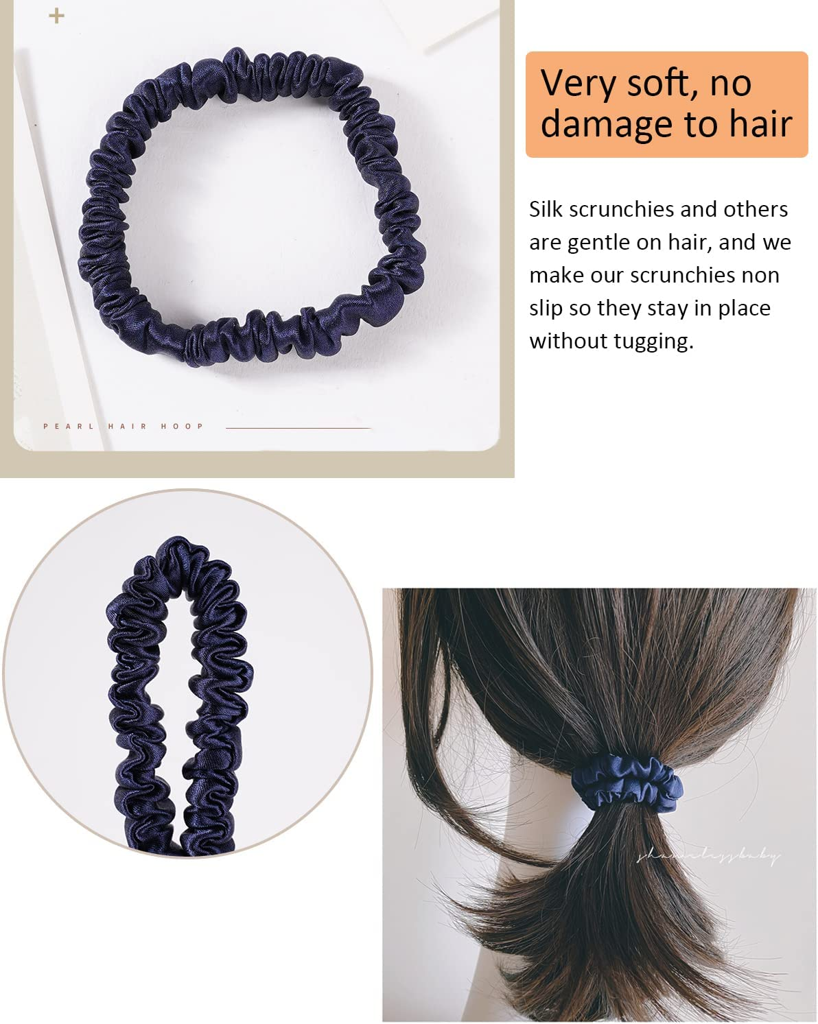 Silk Scrunchie, 100% Pure Mulberry Silk Scrunchie Small Slim Hair Tie for Women Silk Scrunchies for Thin Thick Curly Hair Luxurious Elastic Scrunchies Set (4 Scrunchies, 2Black+1Coffee+1Beige) image number 3