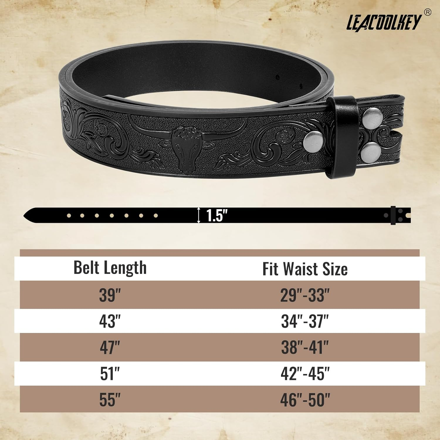 LEACOOLKEY Western Leather Belt Strap for Men Women Cowboy Western Belts without Buckle Men Western Leather Belt for Jeans Pants image number 2