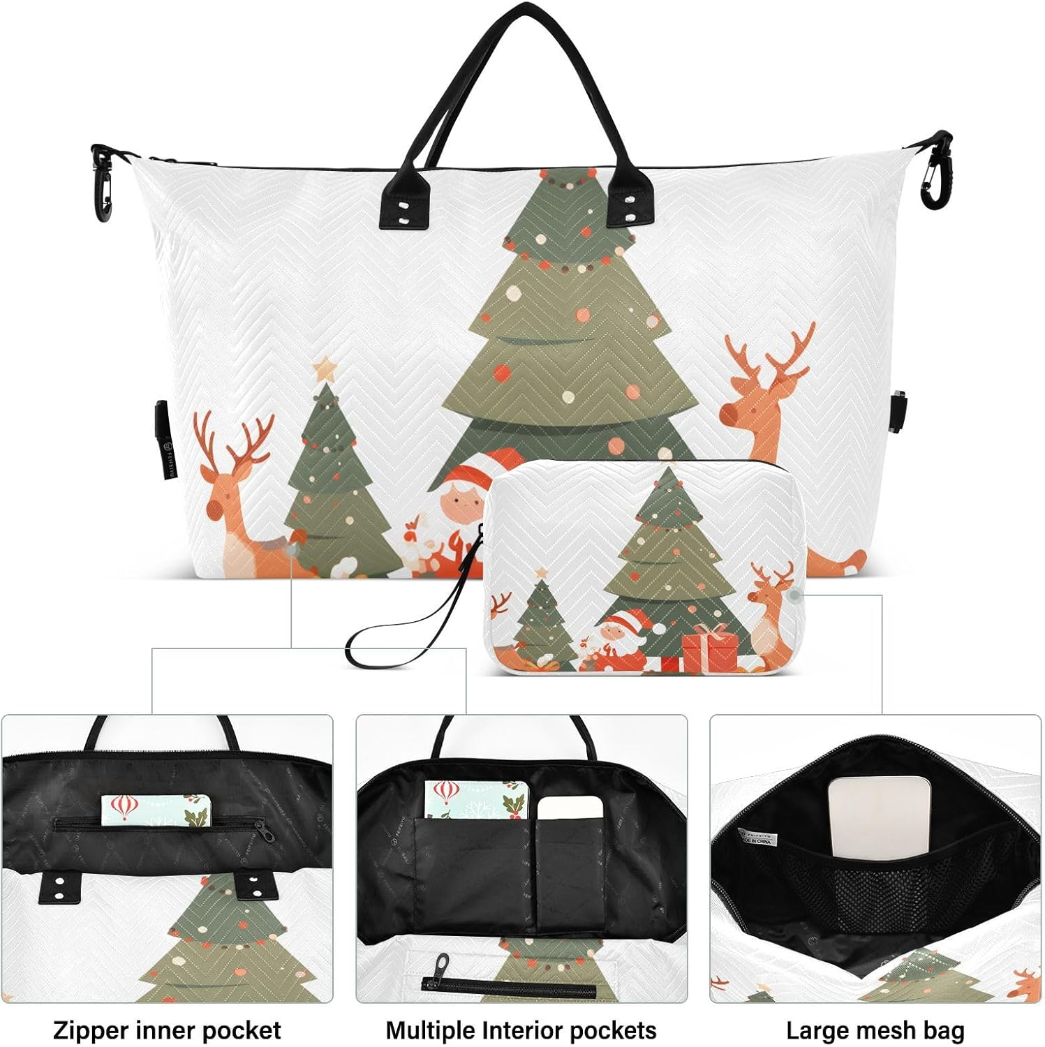 XYMZR Large Travel Duffel Bag, Reindeer Christmas Sports Tote Gym Bag, Shoulder Weekender Overnight Bag for Women Men, Carry on Luggage with Toiletry Bags, Multi-Colored, Multi-Colored image number 6