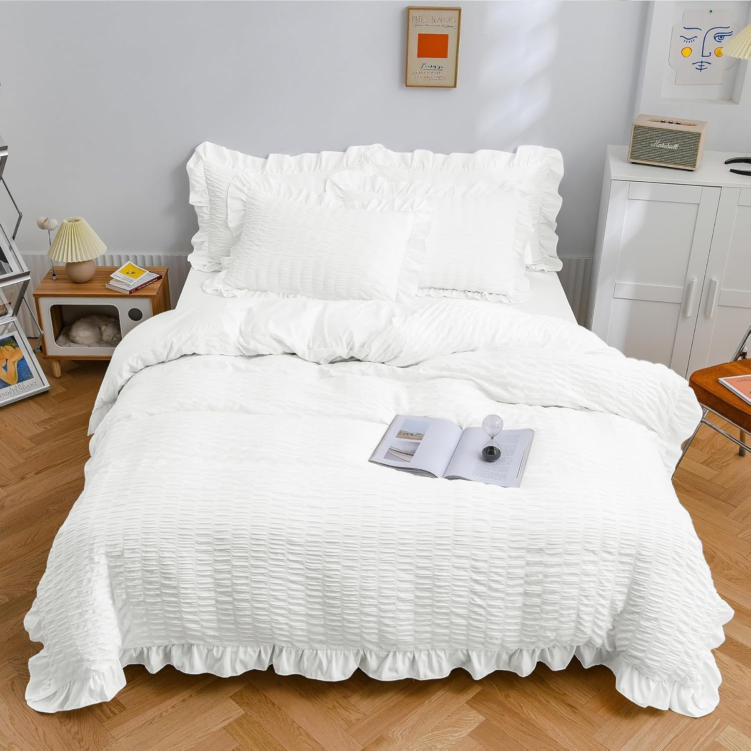 AYO Duvet Cover, Semi-Double, 4-Piece Set, Seersucker Fabric, Ruffle Included, Duvet Cover, Bed Cover, Pillowcases, Fitted Sheet, Bedding Cover Set, Peach Skin Treatment, Western Style, Washable, image number 1