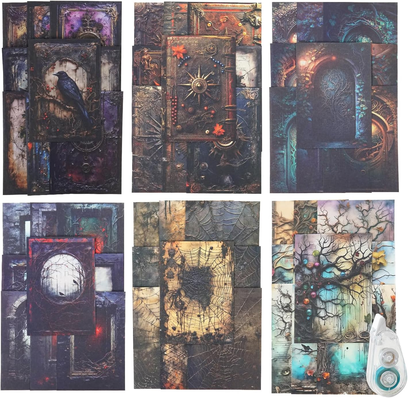 MIYOULUNA 180Pcs Vintage Gothic Scrapbook Paper, Antique Junk Journal Supplies for Scrapbooking Kit, Aesthetic Tree, Spider, Door, Book Designs for Creative Journaling, DIY Crafts