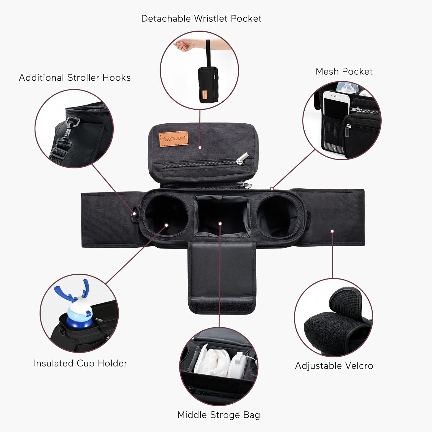 Momcozy Universal Stroller Organizer with Insulated Cup Holder Detachable Phone Bag & Shoulder Strap, Fits for Stroller like Uppababy, Baby Jogger, Britax, BOB, Umbrella and Pet image number 5