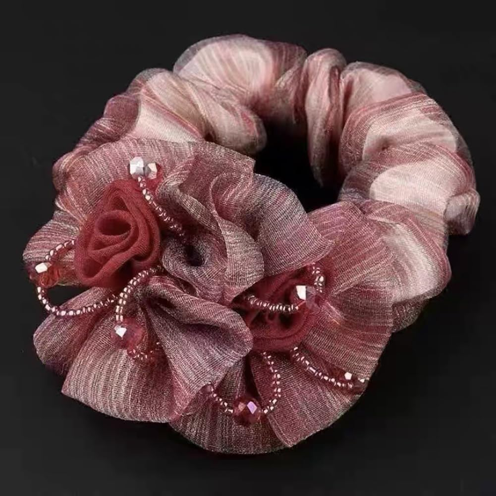 5 Pack Rose Flower Lace Hair Scrunchies for Women Girls Elastic Hair Bows Fashionable Ponytail Holders Hair Tie Ropes Hair Accessories (Colorful) image number 5