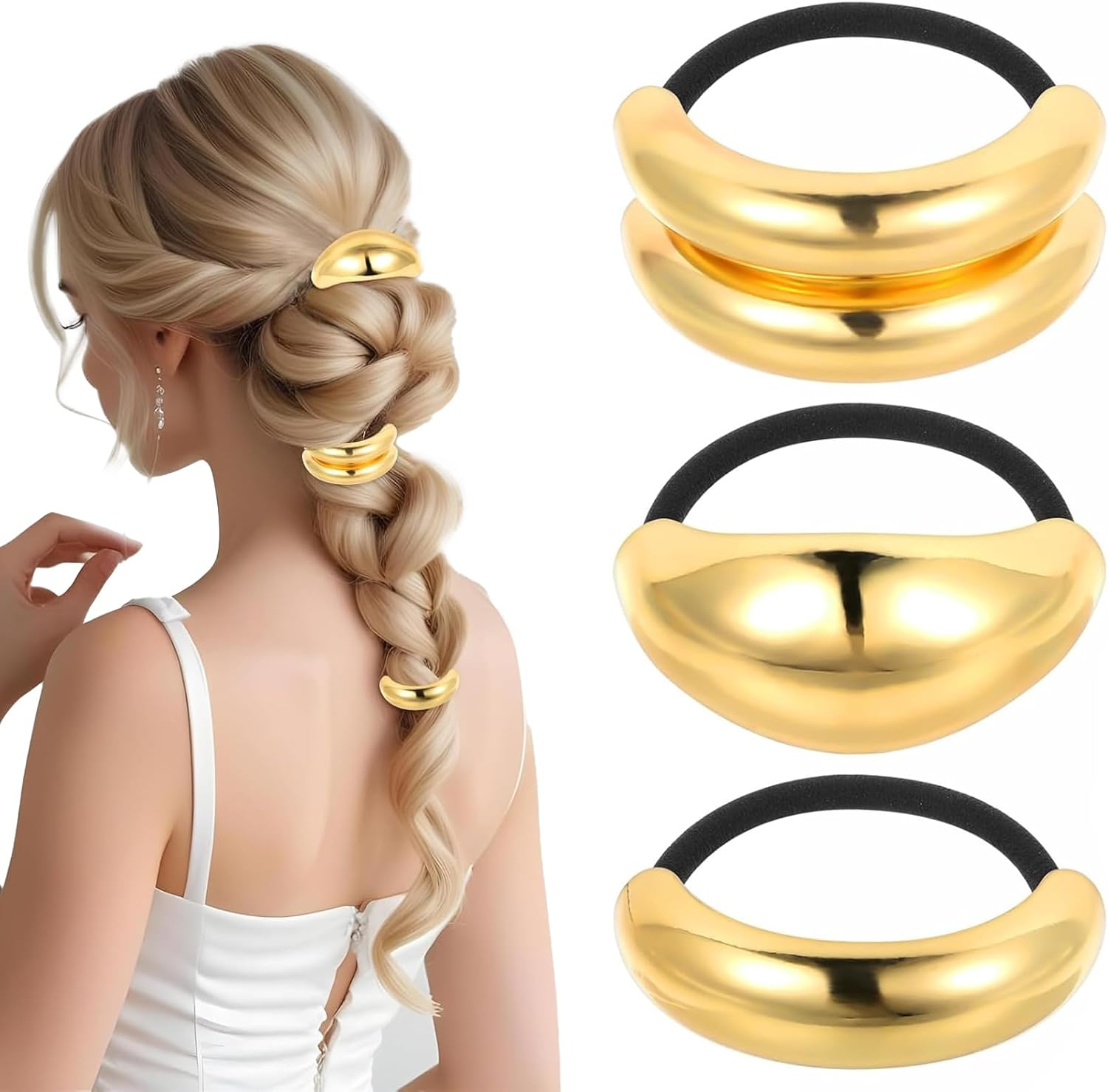 ASOMI 3 Pieces Gold Hair Scrunchies Metal Hair Ties for Thick Hair Elegant Durable Geometric Design Stretchy and Non-Damage Ponytail Holders image number 3