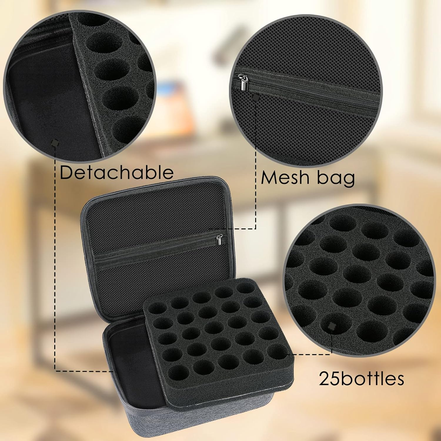 Linkidea Essential Oil Bottle Storage Case, Multiple Size Essential Oil Carrying Travel Case for 25 Bottles (15Ml, 10Ml, 5Ml) image number 4