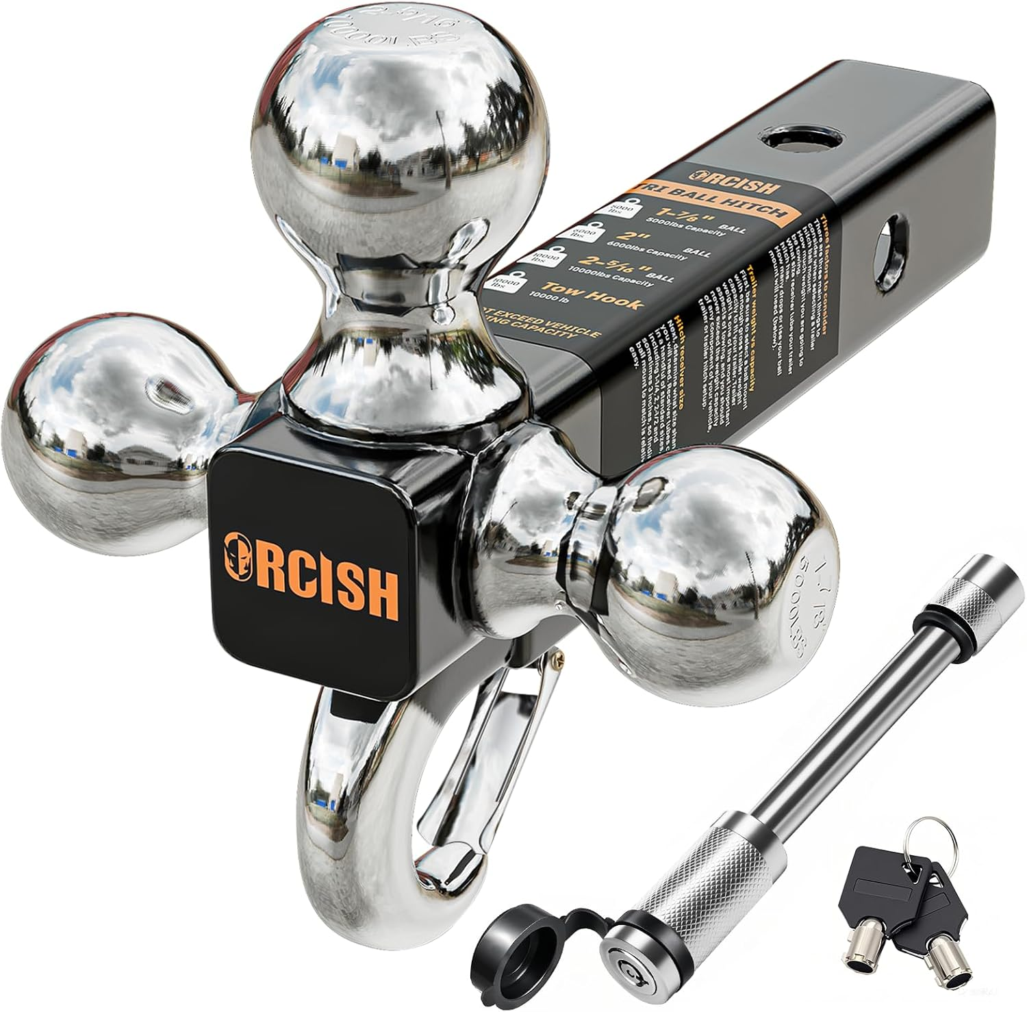 ORCISH Trailer Hitch Tri-Ball Mount with Hook & Pin, Trailer Ball Size 1-7/8", 2" and 2-5/16", Fit 2 Inch Hitch Receiver, 2/3 in 1 Ball Truck Hitch, Tow Hitch