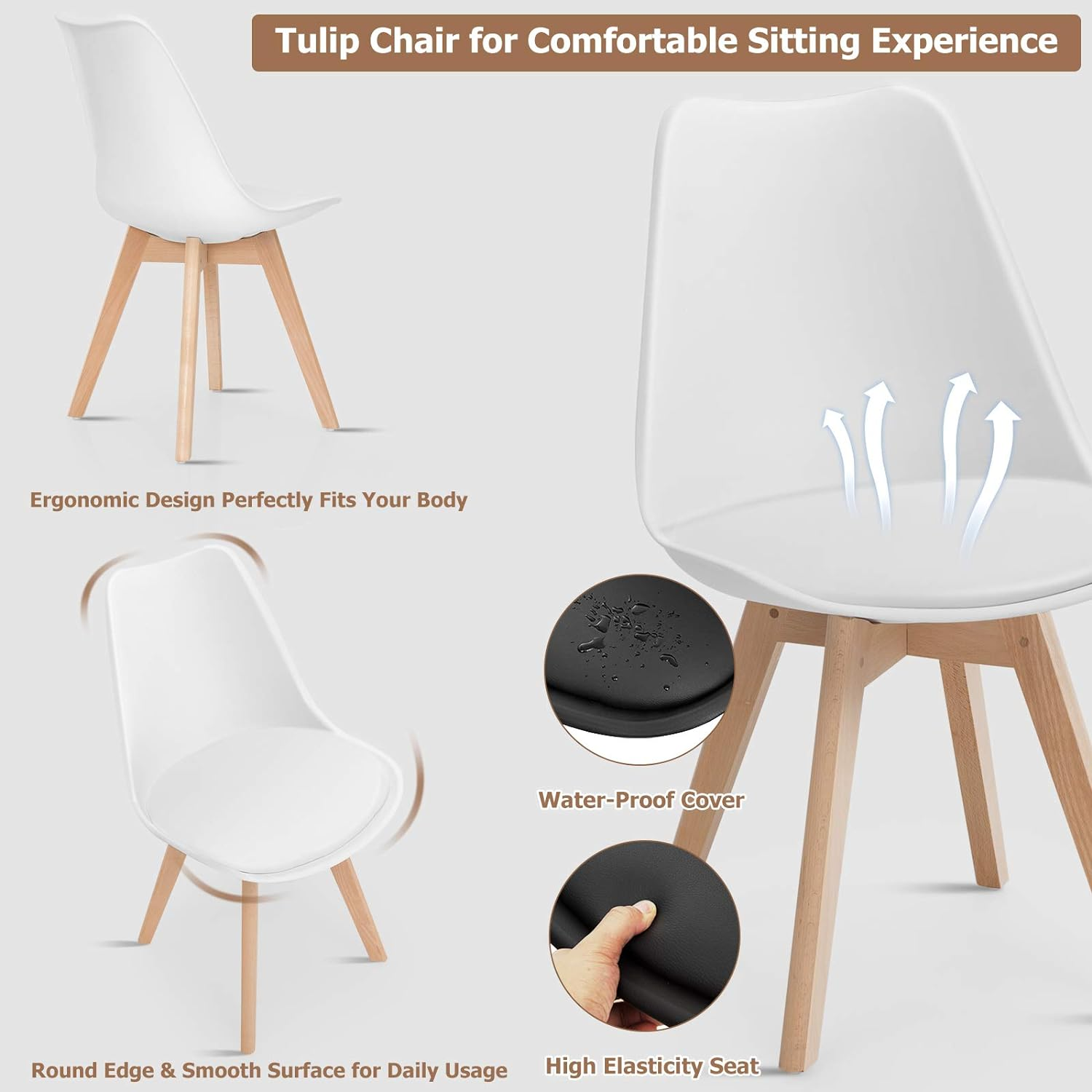 Giantex Set of 4 Modern Dining Chairs, High Backrest Kitchen Chairs, Elegant Mid Century Side Chairs W/Padded Seat, Solid Wood Legs, Upholstered Tulip Chair for Dining Room, Living Room (White) image number 4