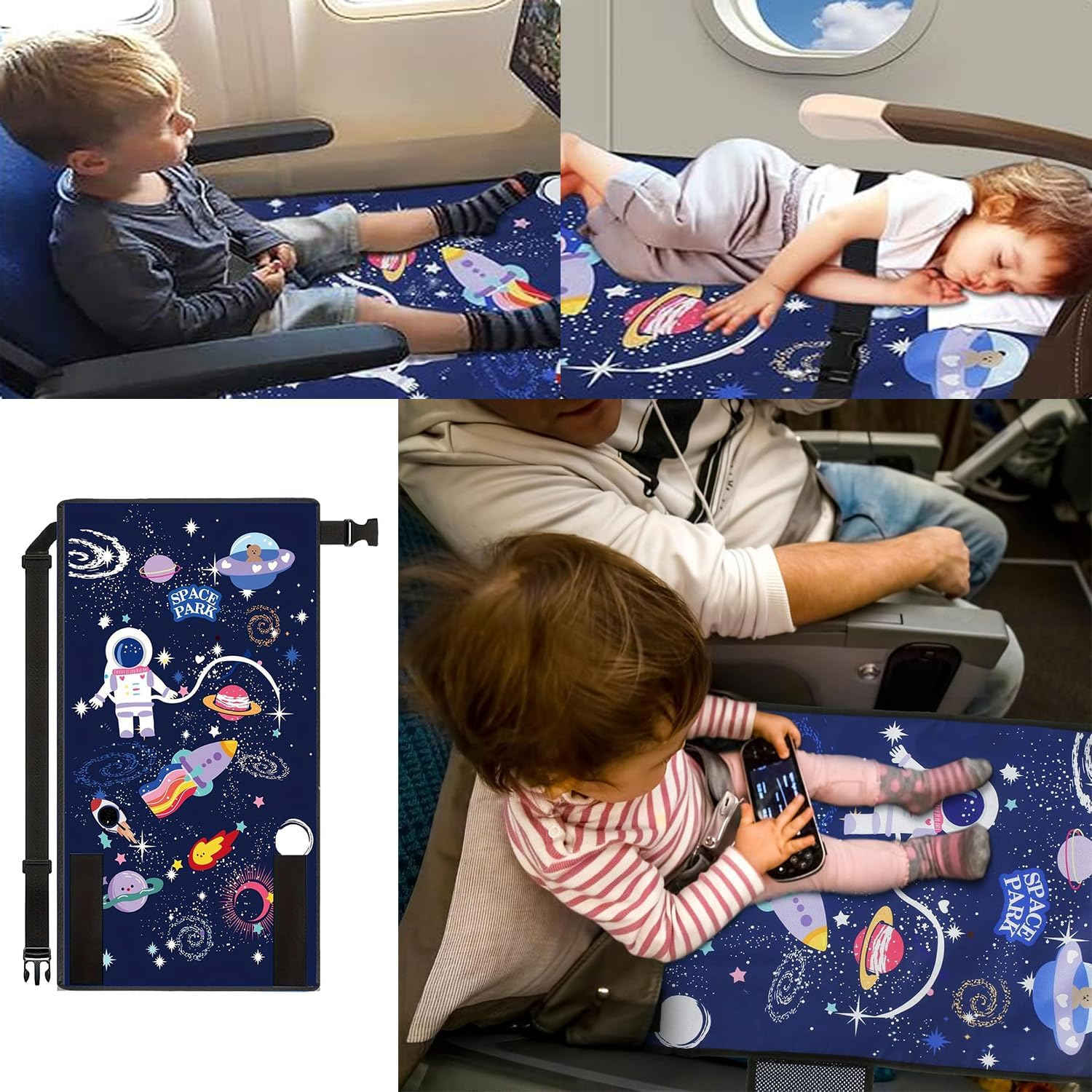 Yharnamite Airplane Seat Extender for Kids, Travel Bed for Kids, Airplane Seat Extender Portable with Side Pocket(Blue) image number 1