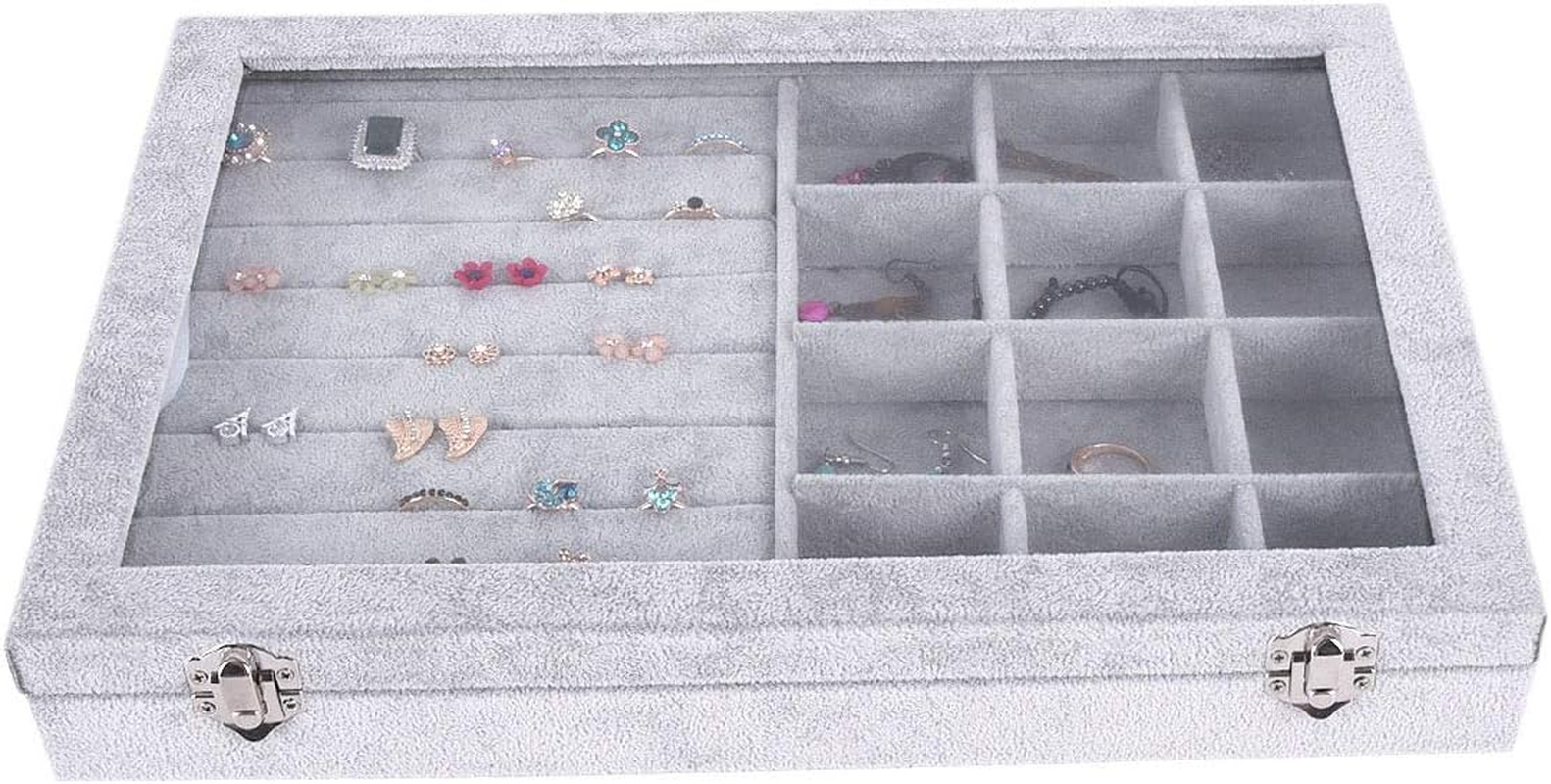 AUTOARK Ice Velvet Clear Lid 12 Grid Jewelry and 7 Slots Jewelry Rings Earrings Tray Showcase Display Organizer,Aj-026 image number 4