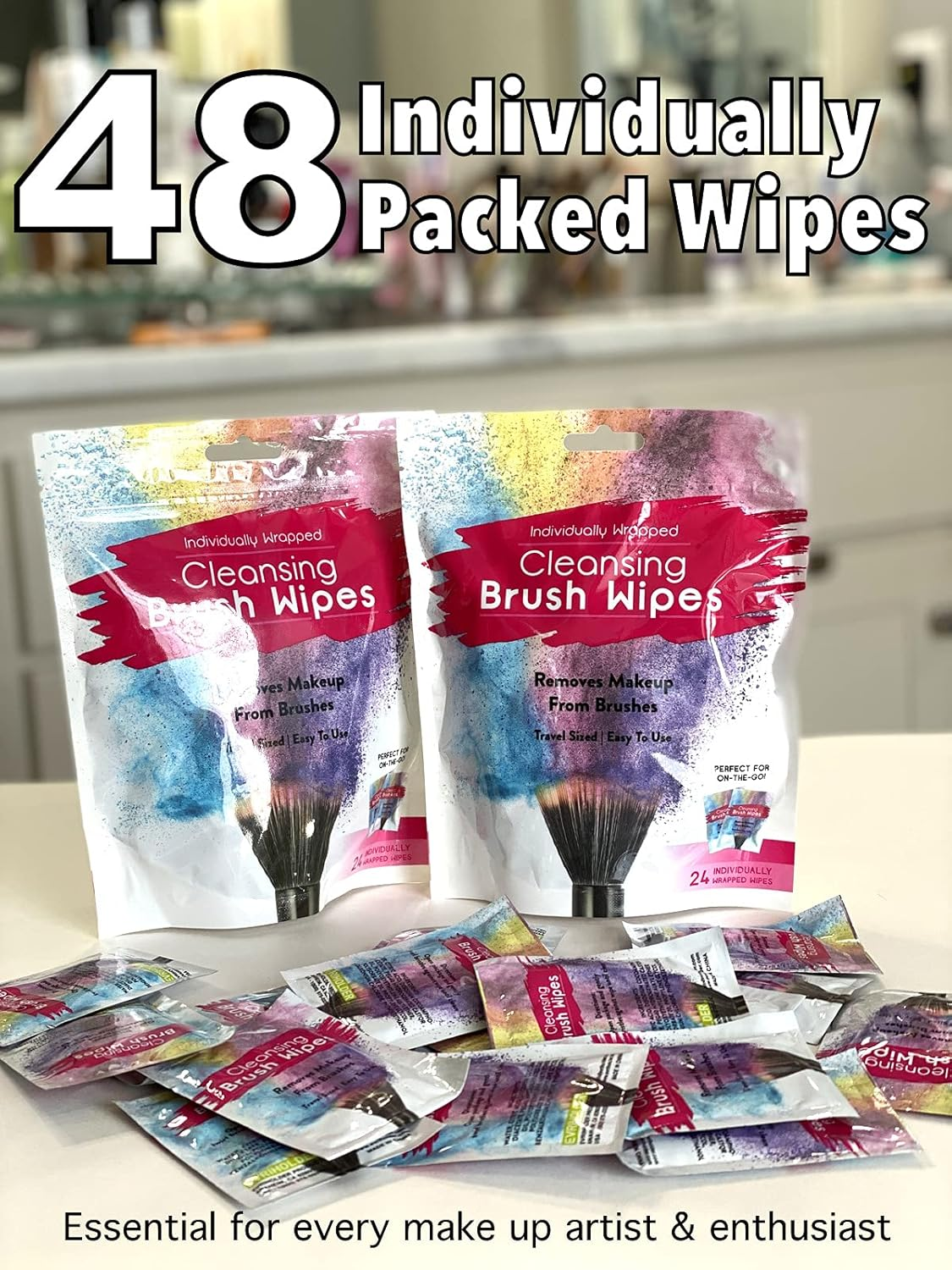 48 Individually Wrapped Makeup Brush Cleansing Cloths - Quick & Convenient Brush Cleaner Wipe- for Make up Artists Cosmetology Students Make up Tutorial on the GO, Travel TSA Approved image number 2