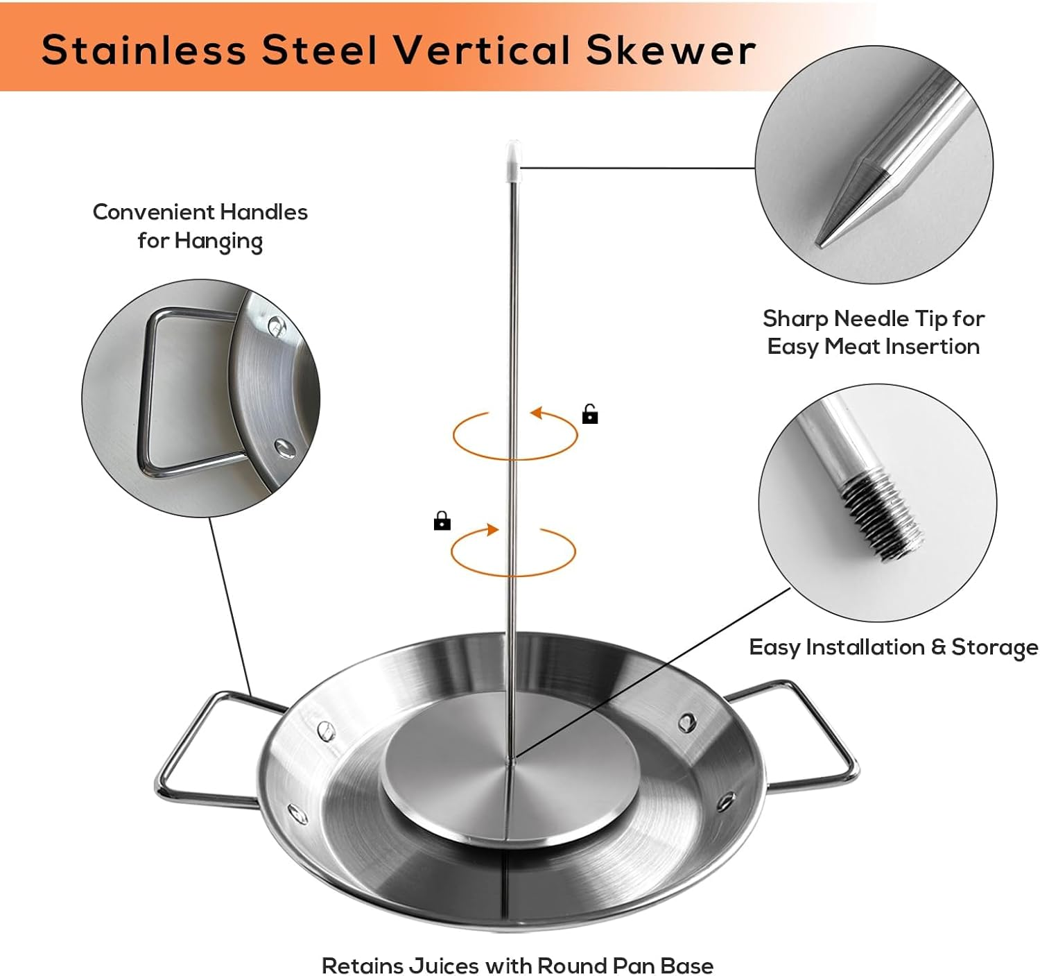 Lxjnfac Al Pastor Skewer for Grill：Stainless Steel Vertical Skewer, Brazilian Spit Stand with 3 Spikes,2 Brushes,Ideal for Tacos Al Pastor,Shawarma, Kebabs on Smoker, Oven,With Fat Separator Tray image number 3