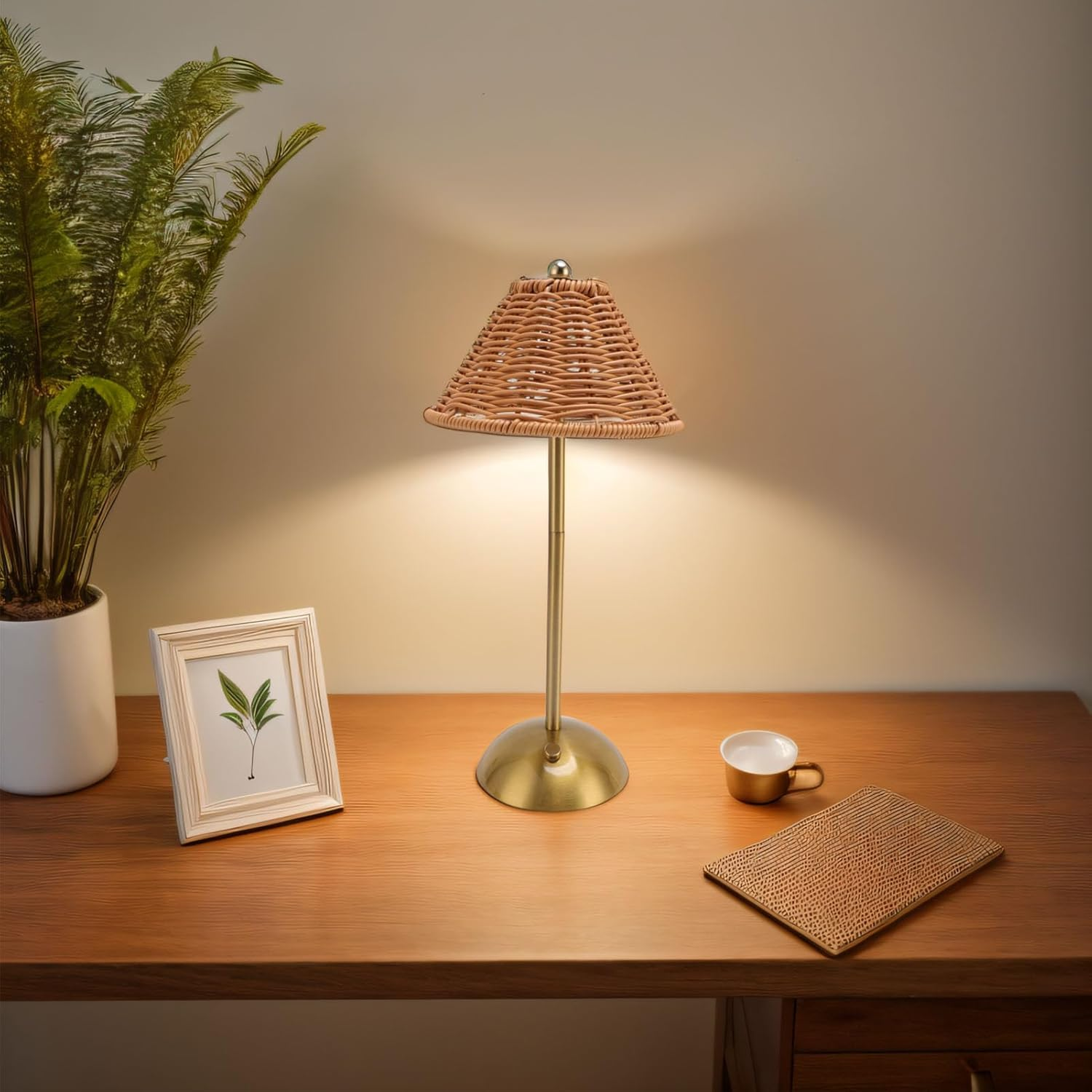 Asixxsix Boho Rattan Table Lamp, Rechargeable Dimmable LED Bedside Lamp, Boho Cordless Table Lamps Decorative Lighting for Home Restaurant Hotel Dining Table Kitchen image number 4