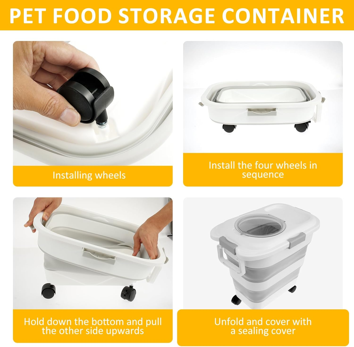 LYIYEYAN Plastic Dog Food Storage Container with Attachable Casters and Scoop, Handle Design, Large Capacity Collapsible Pet Food Container, Keep Fresh, Airtight Dog Food Bin for Home Travel image number 3