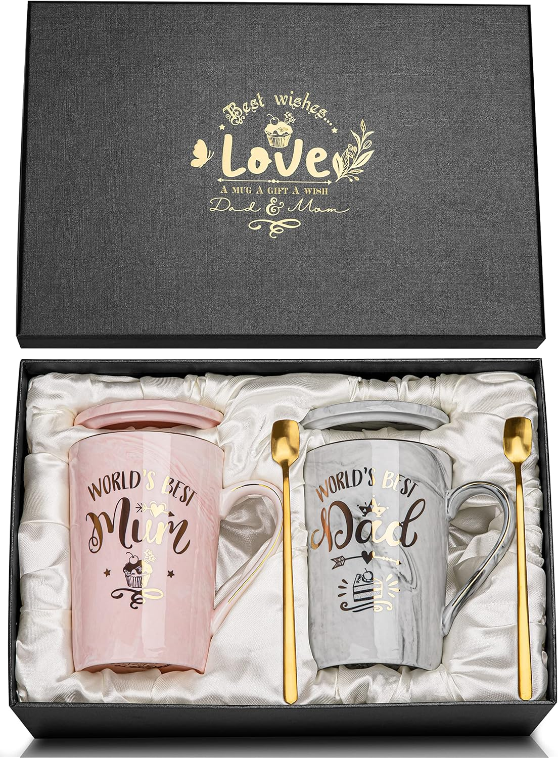 Mum and Dad Coffee Mugs Set - Gifts for Pregnancy Announcement - 14Oz Funny Ceramic Couples Mugs - New Parent Gift, Anniversary Birthday, Marble Cup with Lid Spoon Greeting Card Boxed (Pink & Gray) image number 3