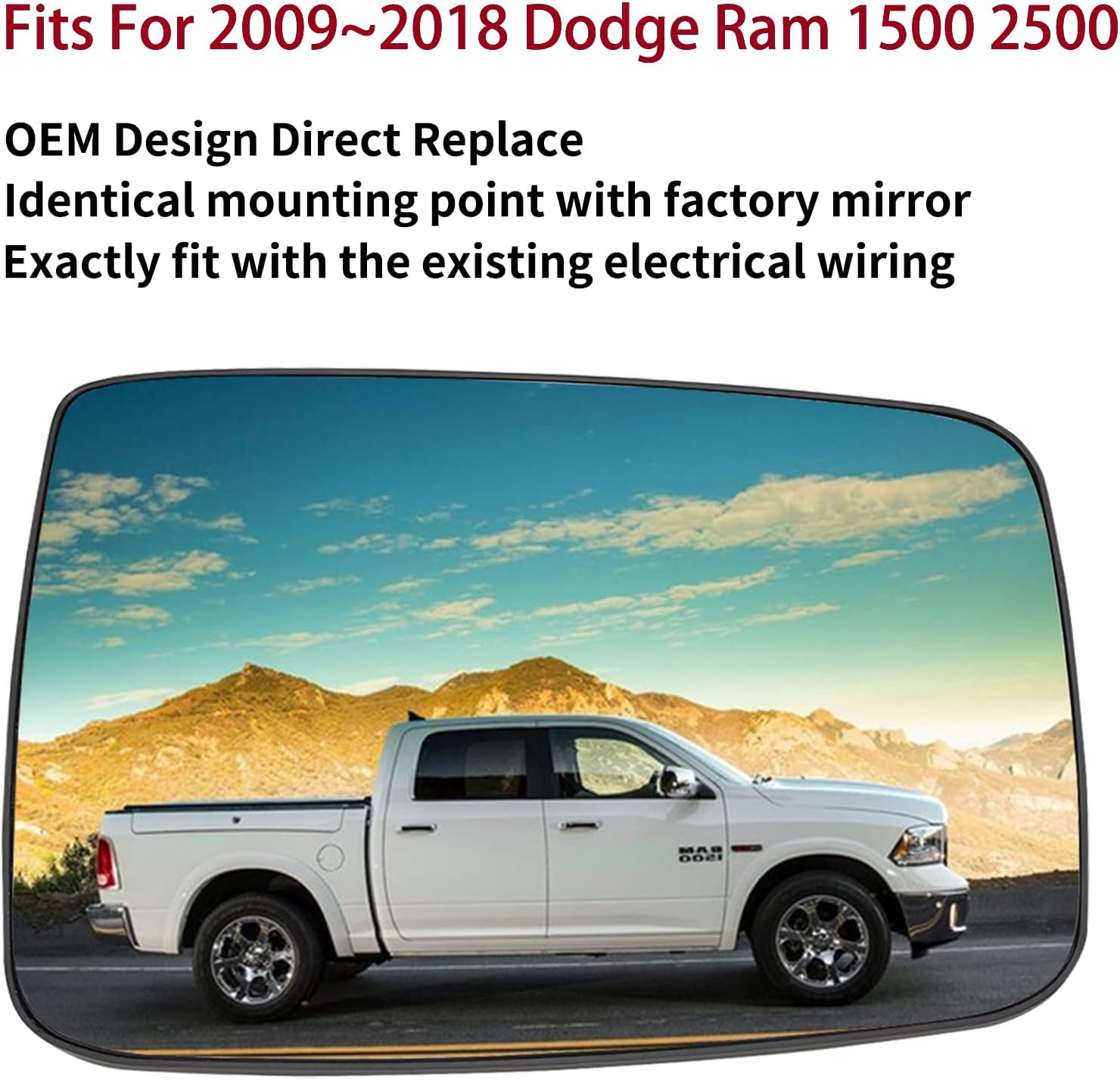LOIYLLEN Right Side View Mirror Glass - Right Lower Mirror - Towing Mirrors with Heated & Rear Holder, Mirror Glass Replacement for 2009-2018 Dodge Ram 1500 2500