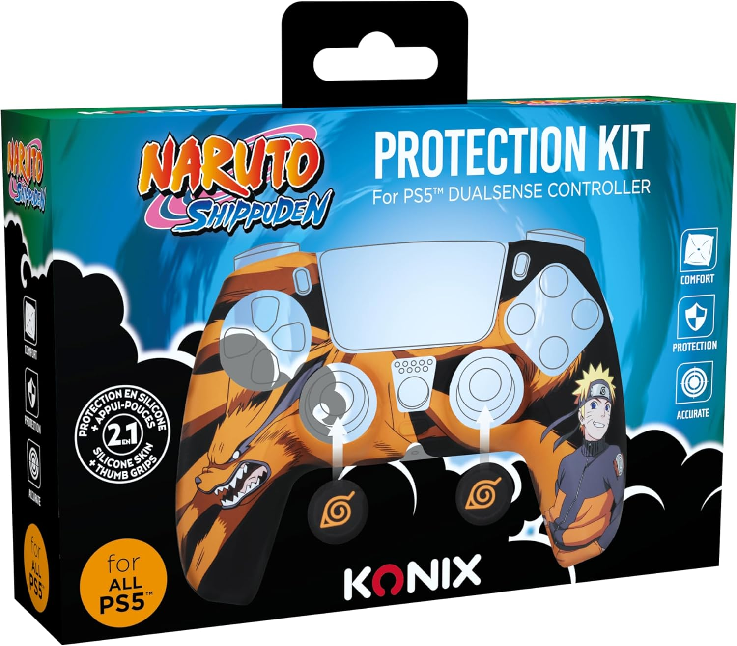 Konix Naruto Shippuden Silicone Case for Dualsense PS5 Controller - Thumb Rest - Kurama/Ky&ucirc;bi and Naruto - Black image number 2