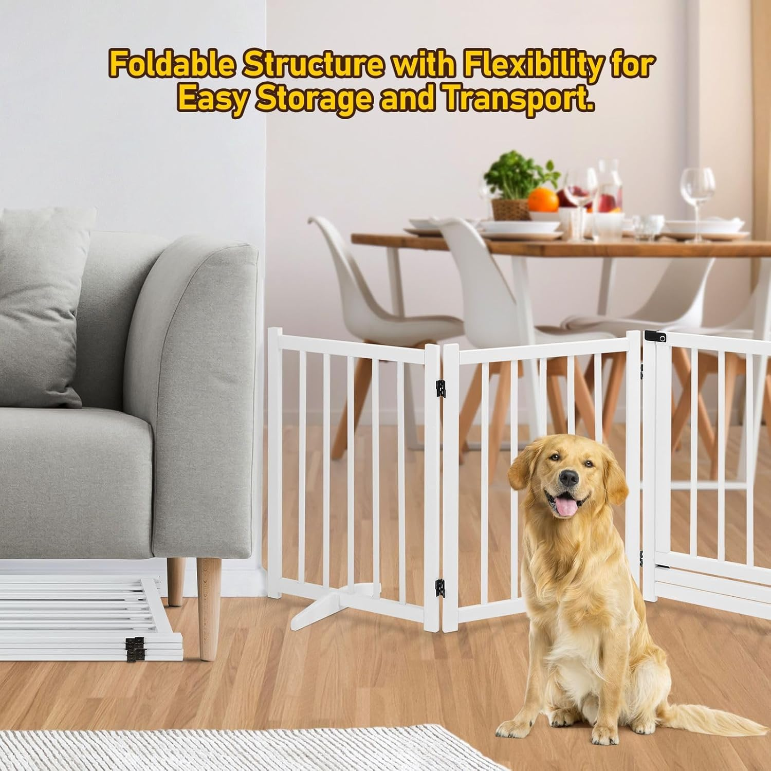 Pet Scene 4 Panel Pet Playpen for Puppy, Foldable Pet Safety Gate Wood Enclosure Security Fence Freestanding Dog Stair Doorway Tall Barrier with Door Indoor image number 2