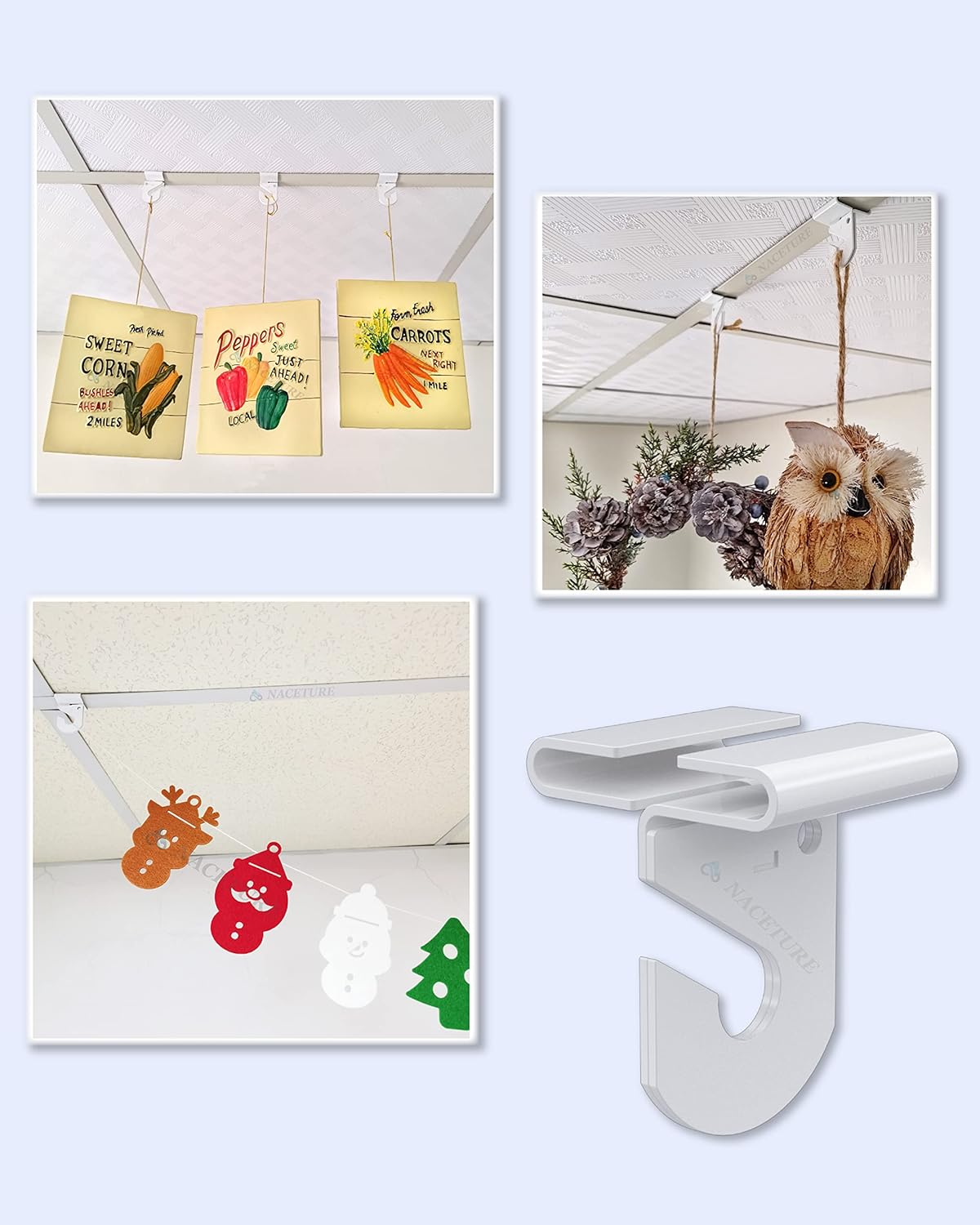 NACETURE 30 PCS Drop Ceiling Hook for Hanging &ndash; 10 Pack White Heavy Duty Ceiling Hooks & 20 Pack Drop Ceiling Clips Suspended Ceiling Decorations Tile Hanger for Classroom Office Home Wedding image number 5