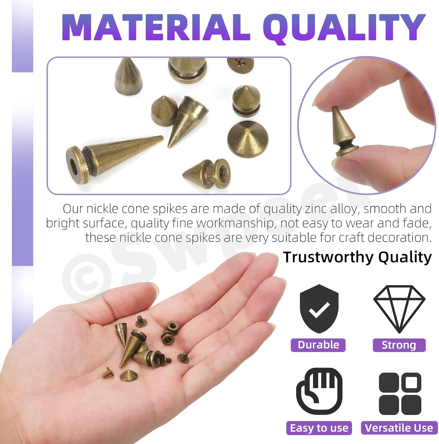 Swpeet 179 Sets 8 Sizes Bronze Cone Spikes with Scratch Awl Screwdriver Punch Assortment Kit, Punk Spikes and Studs Metal Tree Spikes Bullet Spikes Screwback Studs for Punk Clothing Craft DIY image number 1