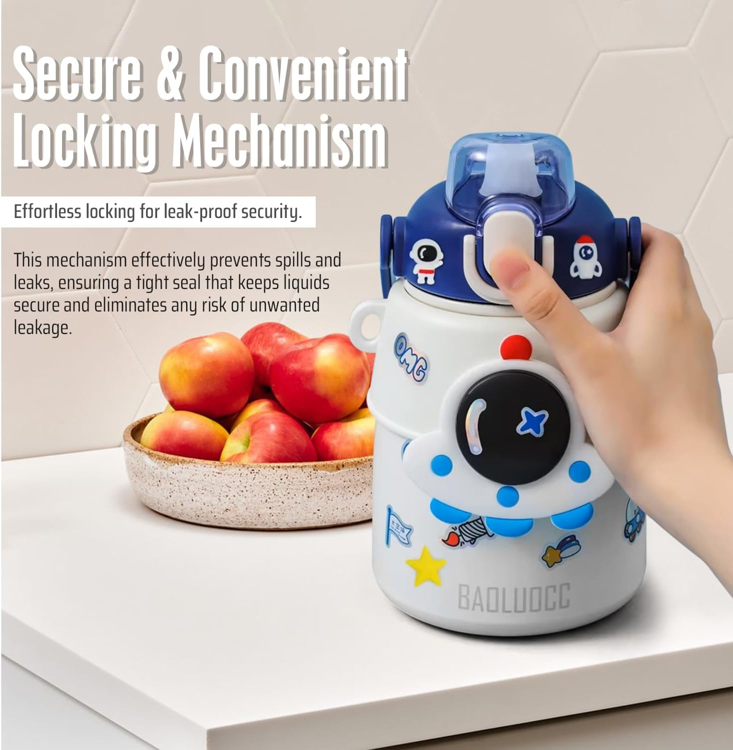 Outer Space Kids Water Bottle &ndash; 850Ml Leakproof Stainless Steel Thermos with Straw Lid, Strap & Stickers &ndash; Insulated Double Wall Bottle Keeps Drinks Cold 24H / Hot 12H for School & Travel - Blue image number 3