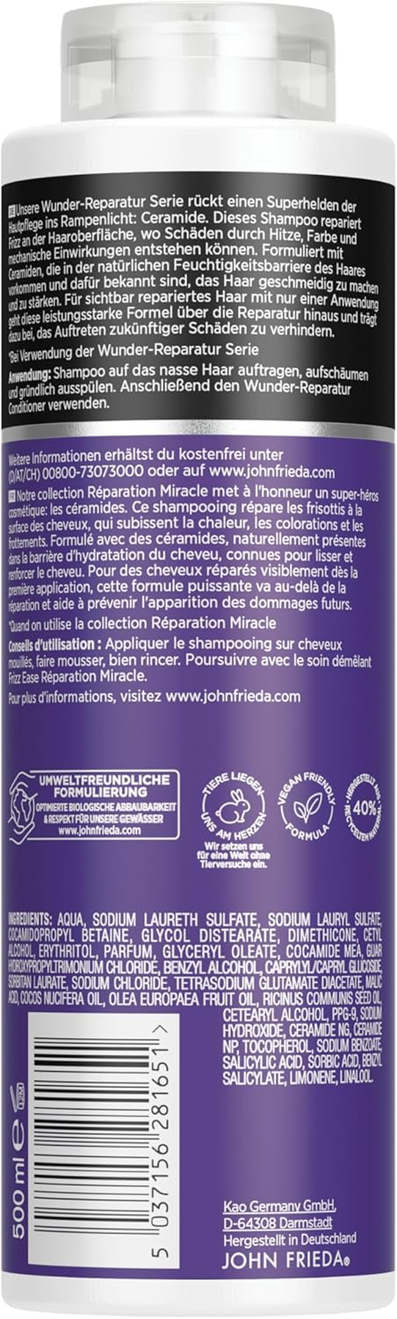John Frieda Wunder Repair Shampoo/Conditioner Value Set - Contents: 1X Shampoo 500 Ml & 1X Conditioner 500 Ml - Refillable - Frizz Ease Series - for Unruly and Damaged Hair image number 1