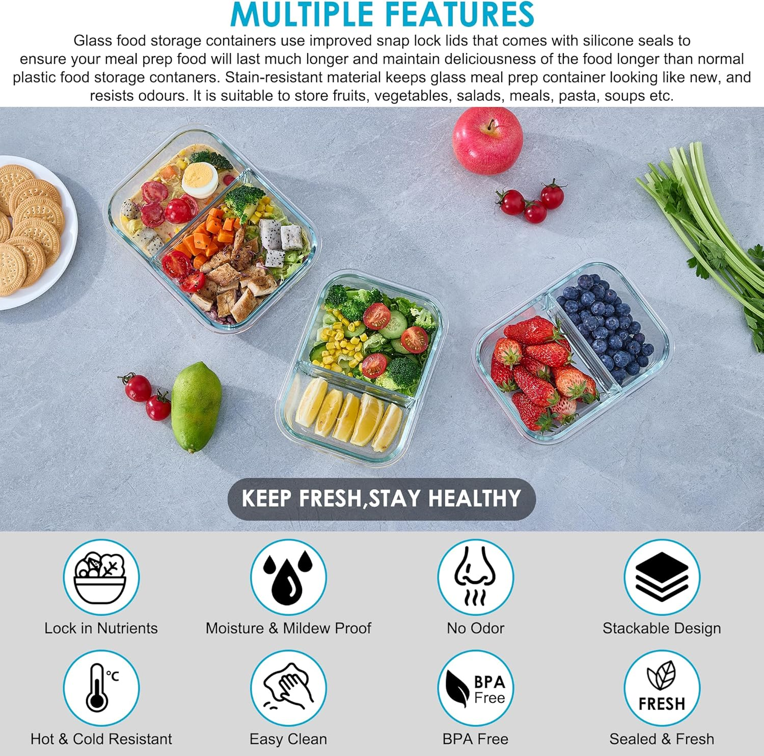 12 Pcs 6 Pack Glass Meal Prep 2 Compartment Containers. Food Storage Lunch Containers. Airtight Snap Lock Lids with Steam Vents. BPA Free. Microwave, Dishwasher, Oven & Freezer Safe. Food Organisation image number 5