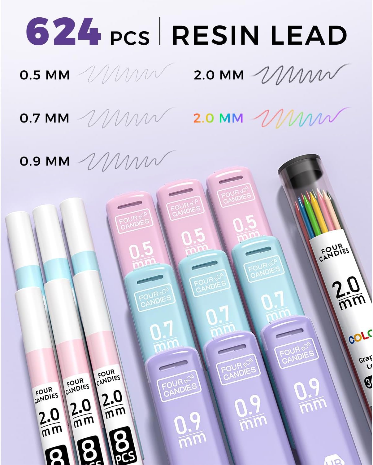 Four Candies 36PCS Aesthetic School Supplies, Mechanical Pencils 0.5Mm, 0.7Mm, 0.9Mm & 2.0Mm with 624PCS Lead Refills, Cute Mechanical Pencils for Writing, Drawing & Drafting (Pink) - Green image number 7