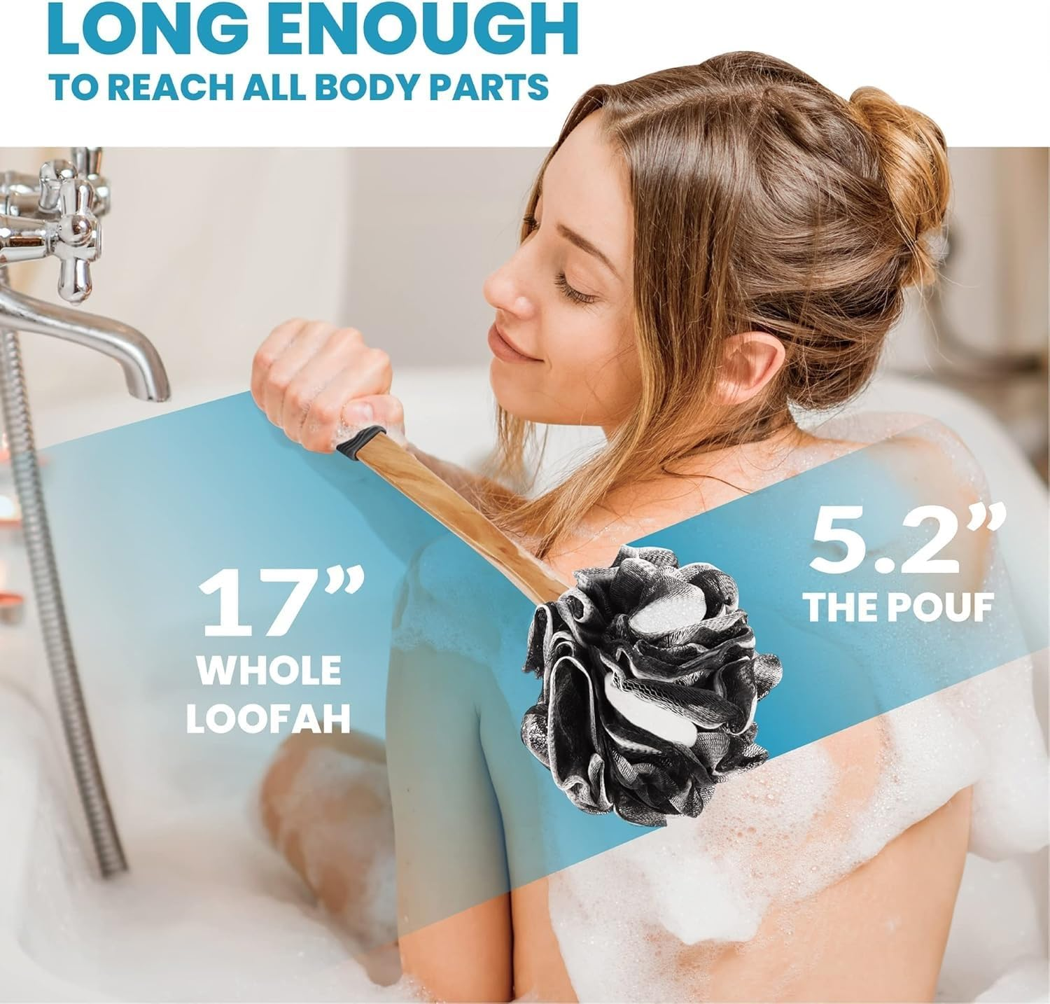 Bamboo Charcoal Infused Back Scrubber - Loofah with Handle | Exfoliating Shower Loofah for Men & Women - Features 1 Loofah on a Stick, 1 Loofa Pouf (Black, One Size)