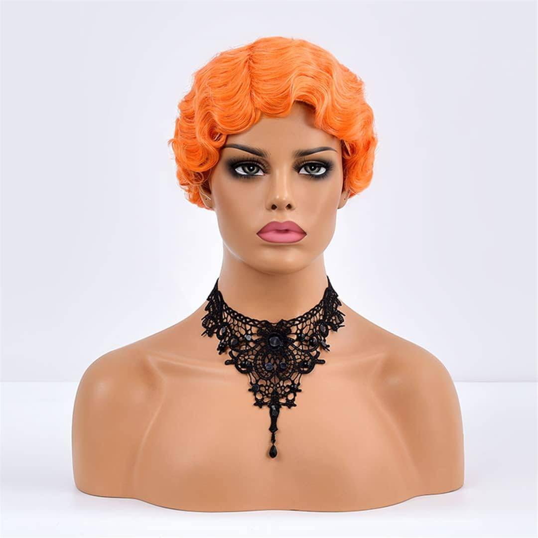 Orange Short Finger Wave Wig Vintage Synthetic Wigs for Black Women 6Inch Retro Curly Cosplay Halloween Party Hair TB107-2 image number 5