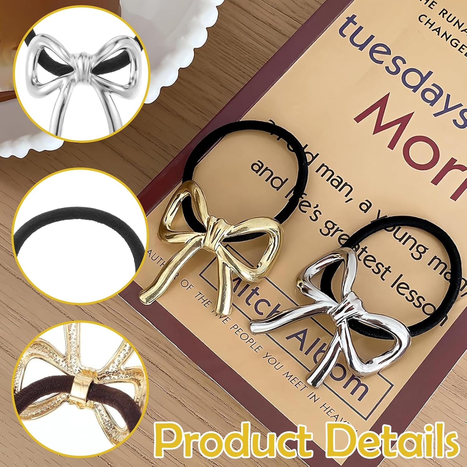 ASOMI 2 Pieces Metal Hair Ties for Women Bow and Ponytail Holder Elegant Rubber Bands for Long Thick Thin Curly Hair (Gold, Silver)