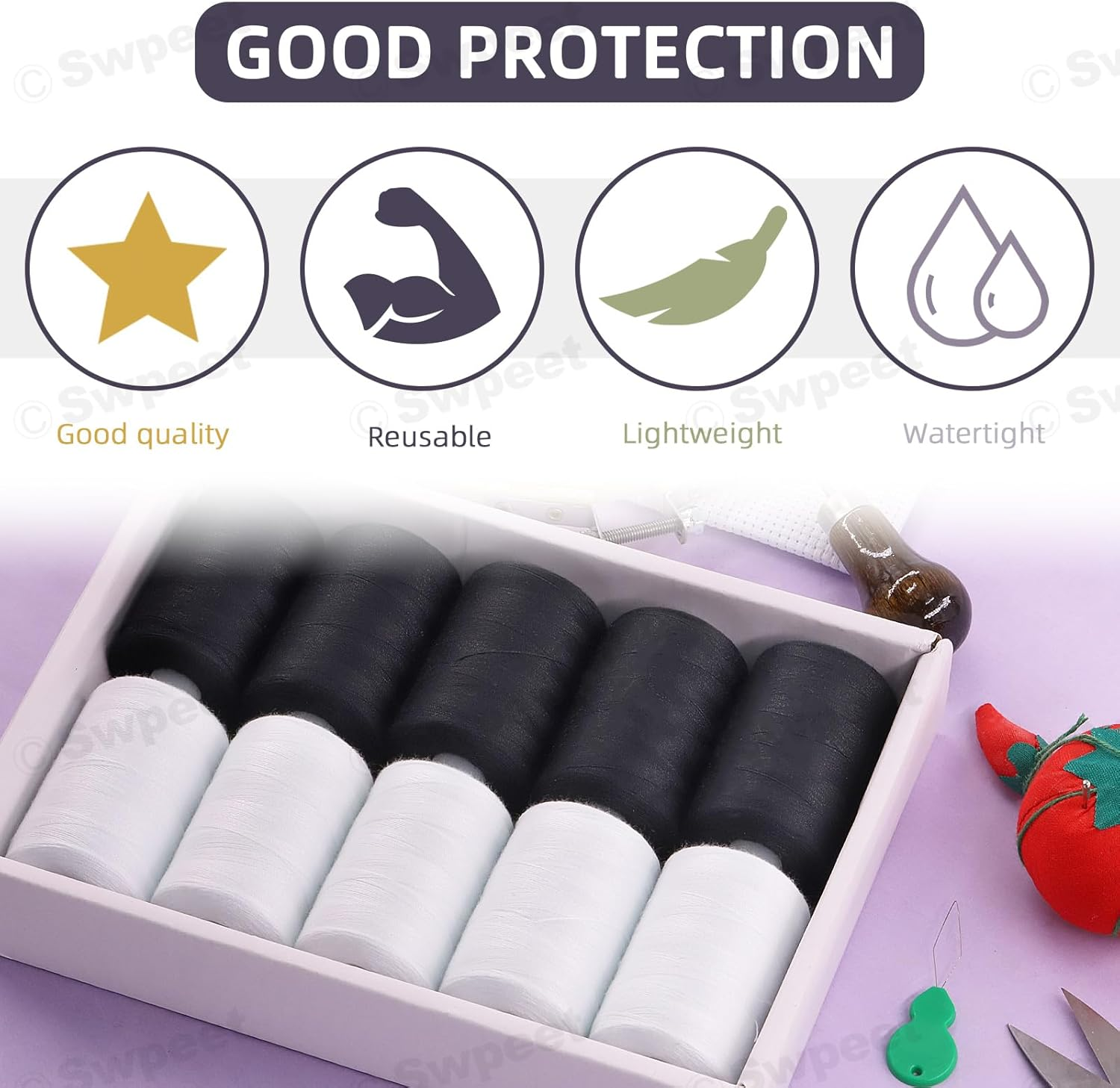 Swpeet 10Pcs 1000 Yards Black White 2 Colors All Purpose Threads with Sewing Needles Kit, Handy Polyester Sewing Threads Embroidery Thread, Hand Sewing Needle Threaders Set for Crafters Lovers - 24 Colors Styles image number 2