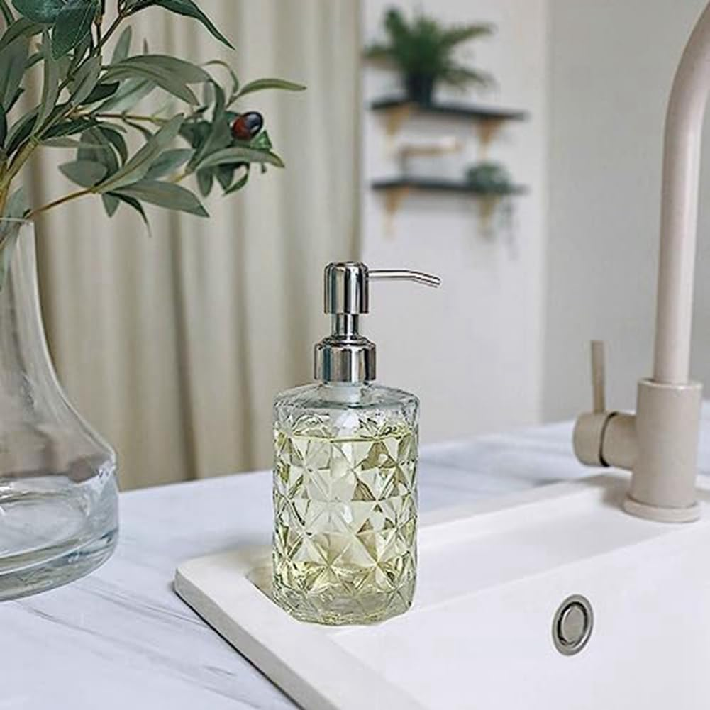 Elqater 1 PCS Diamond Embossed Glass Soap Dispenser as Shown 17.7X7.6Cm Bathroom Soap Dispenser image number 2