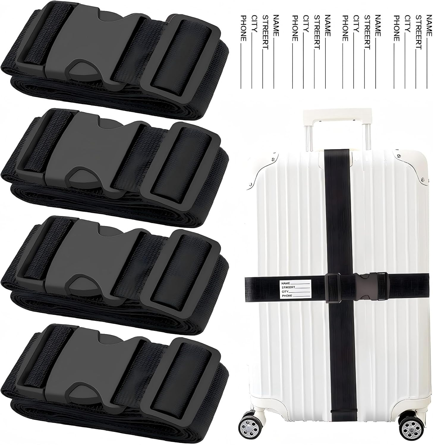 Luggage Straps for Suitcases 4 Pack Rainbow, 2M Adjustable Travel Suitcase Belt Carry Bag for Connecting Your Luggage, Non Slip Luggage Belt Strap with with Name ID Card to Secure Bag Cargo Safe