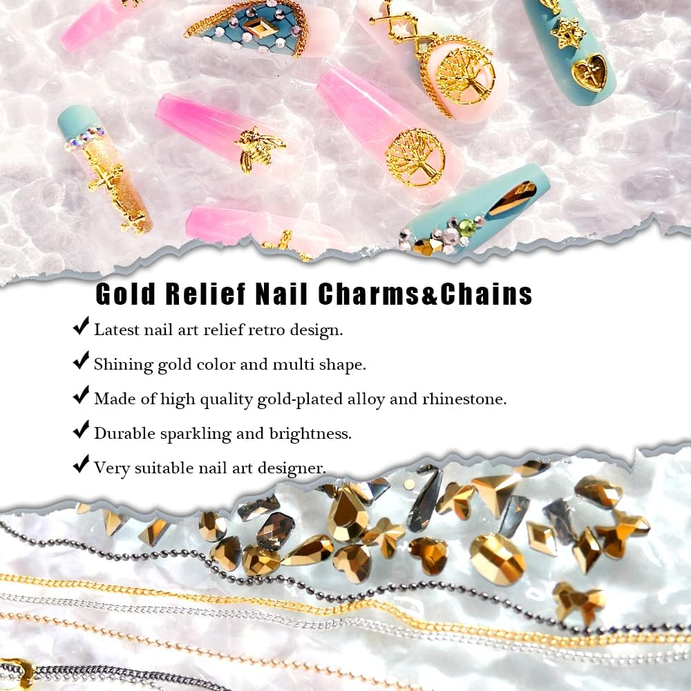 136Pcs 3D Nail Charms Rhinestones for Acrylic Nail Art Metal Nail Chains Gold Cross Heart Vintage Alloy Nail Rivet Studs Tip Punk Accessories Decoration Craft DIY
