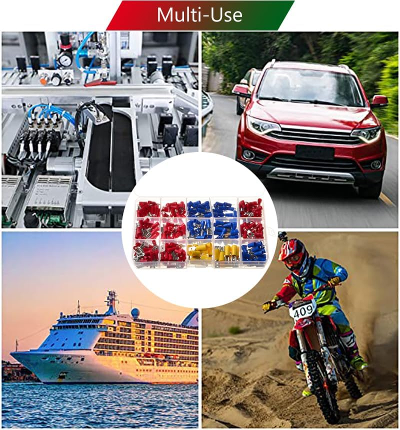 Reelau [280Pcs] Electrical Wire Crimp Terminals, Semi-Insulated Wire Connectors Assorted Lug Kit Solderless Butt Spade Terminals Ring and Fork Connectors Kit AWG 22-16 16-14 12-10, Red, Blue, Yellow image number 1