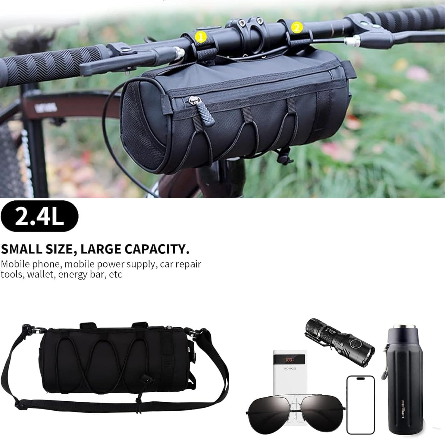 Bike Handlebar Bag Frame Bag with Shoulder Strap, Front Bag for Mountain & Road Bikes (Black) image number 2