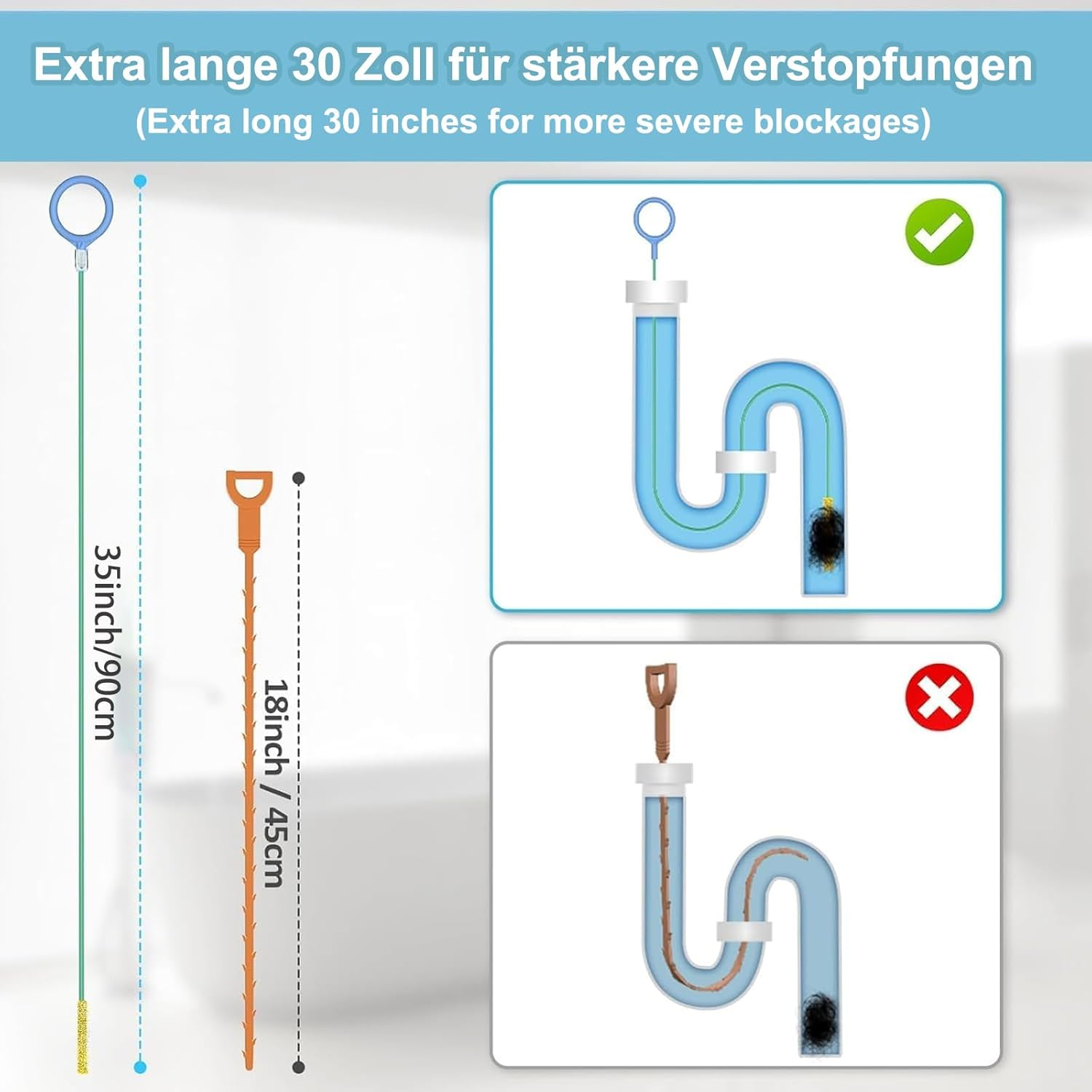 35 Inch Drain Snake Sink Unblocker Tools(5 Pack), Unbreakable Metal Drain Cleaners and Unblockers, Long/Flexible/Thin Hair Clog Remover to Unclog Bathroom Sink, Tub, Shower image number 3