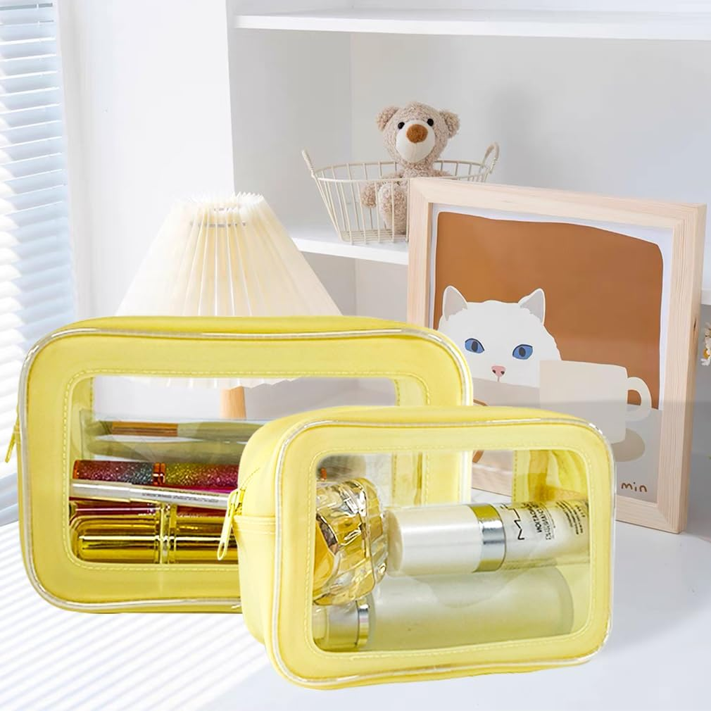 Toteprint Transparent Waterproof Cosmetic Bag Made of PVC with Floral Pattern, 21 X 13.5 X 7 Cm, Travel Organiser for Day Care, Men and Women, Yellow, Modern image number 2