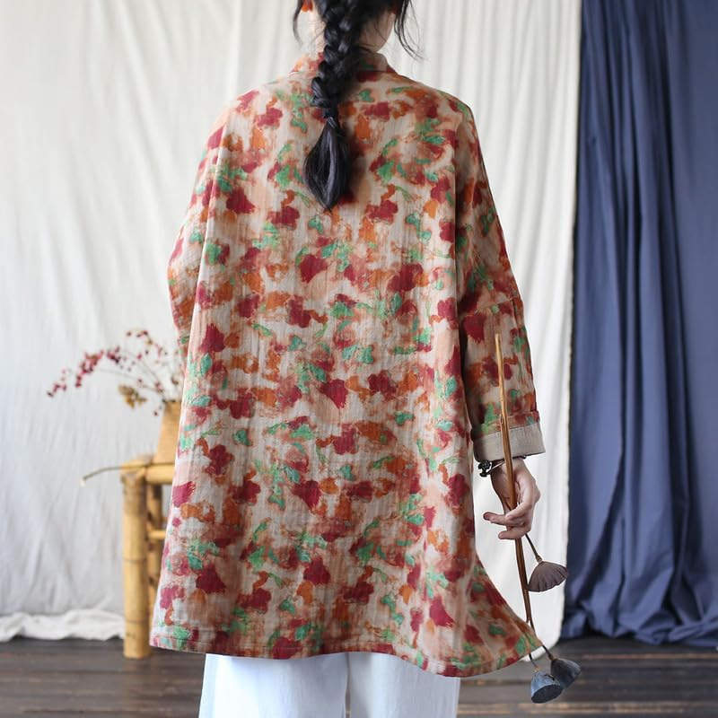 Stand Collar Women'S Spring Chinese Vintage Jacket Loose Fit Long Sleeve Top Frog Buttons image number 2