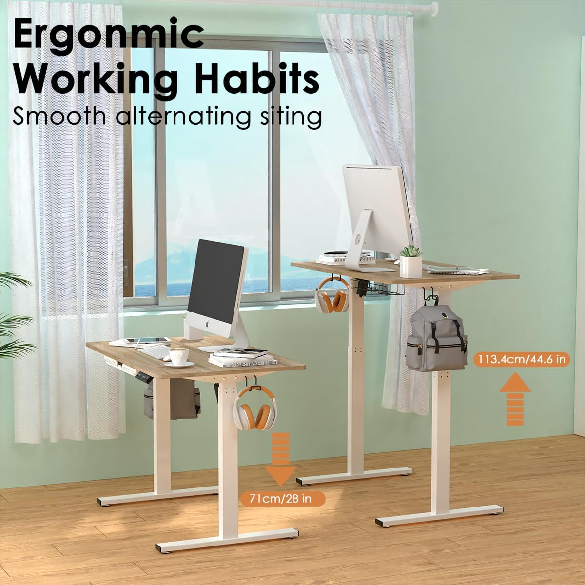 Anshine 100 X 60Cm Electric Standing Desk, Height Adjustable Stand Desk with Drawers,Sit Stand Computer Home Office Desk (Oak Top White Legs) image number 1