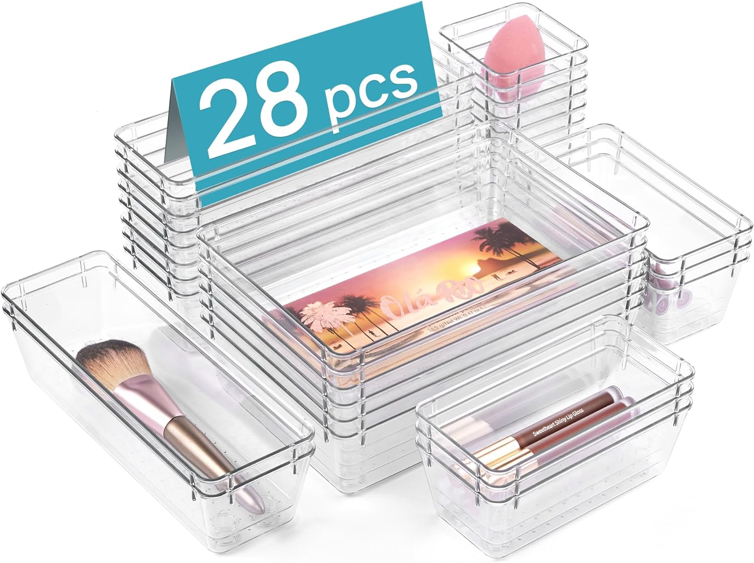 28 PCS Clear Plastic Drawer Organizers Set, 4-Size Bathroom and Vanity Drawer Organizer Trays, Acrylic Storage Bins for Makeup, Cosmetic, Kitchen Utensils, Tool Organizer for Gadgets image number 5